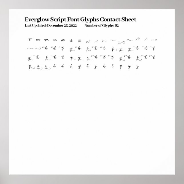 Everglow Script Font Glyphs Contact Sheet Poster (Front)