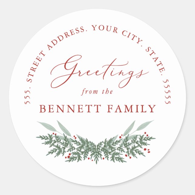 Evergreen and Berries, return address Classic Round Sticker (Front)