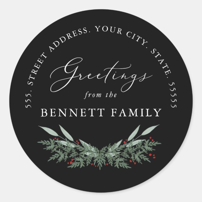 Evergreen and Berries, return address Classic Round Sticker (Front)