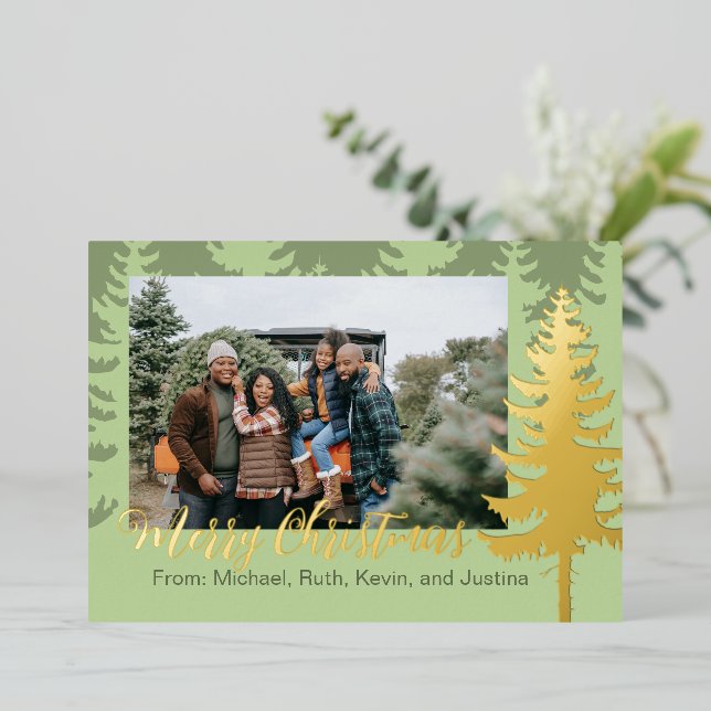 Evergreen and Gold Foil Holiday Photo Card (Standing Front)