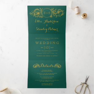 Evergreen and gold frame, initials winter wedding Tri-Fold invitation