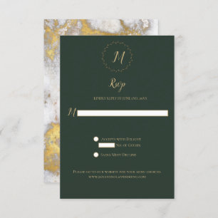 Evergreen and Gold Marble Monogram Vertical RSVP
