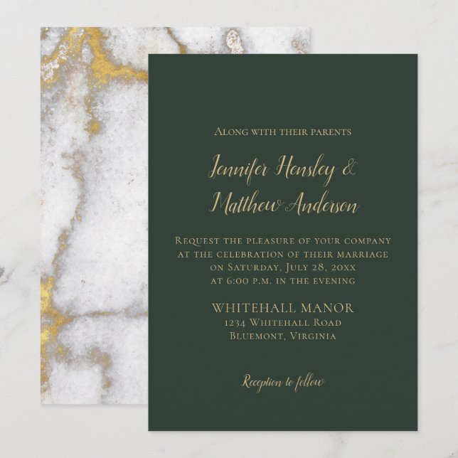 Evergreen and Gold Marble Winter Wedding Invitation (Front/Back)