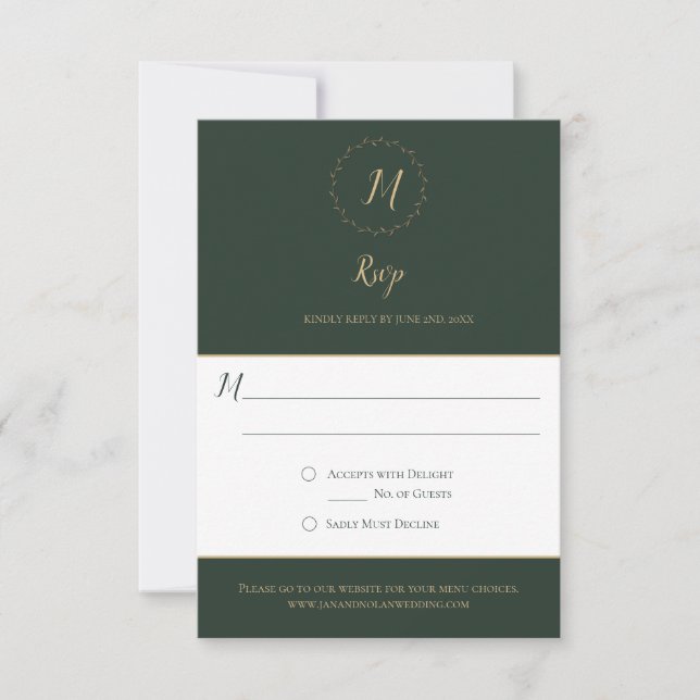 Evergreen and Gold Monogram Vertical RSVP Cards (Front)