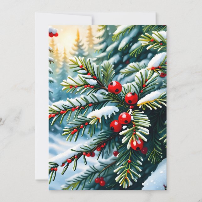 Evergreen and Holly Berries Thank You Card (Front)