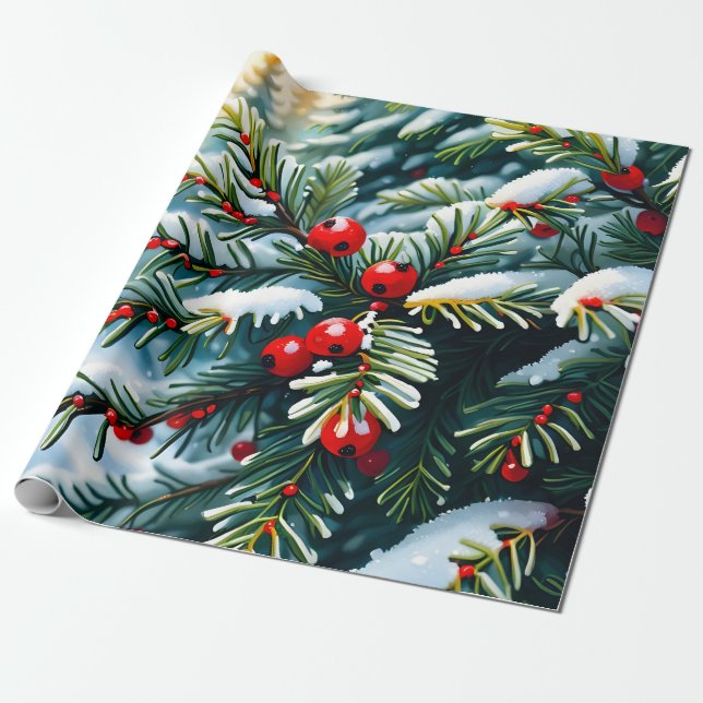 Evergreen and holly berries wrapping paper (Unrolled)