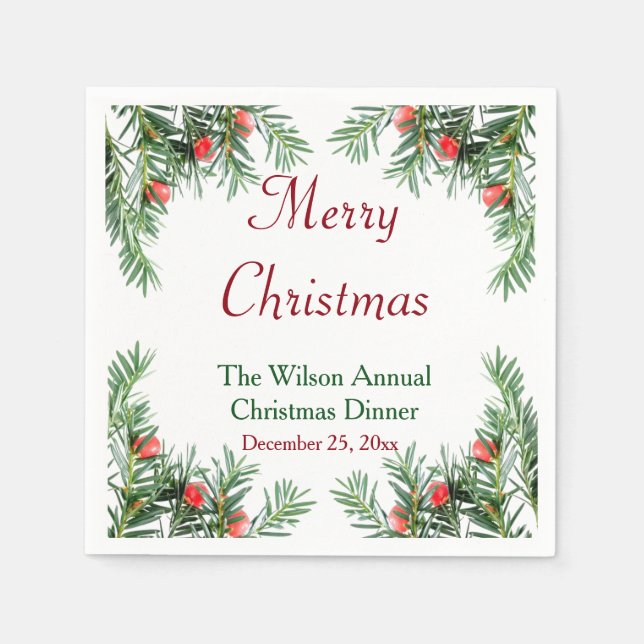 Evergreen and Red Berries Christmas Napkins (Front)