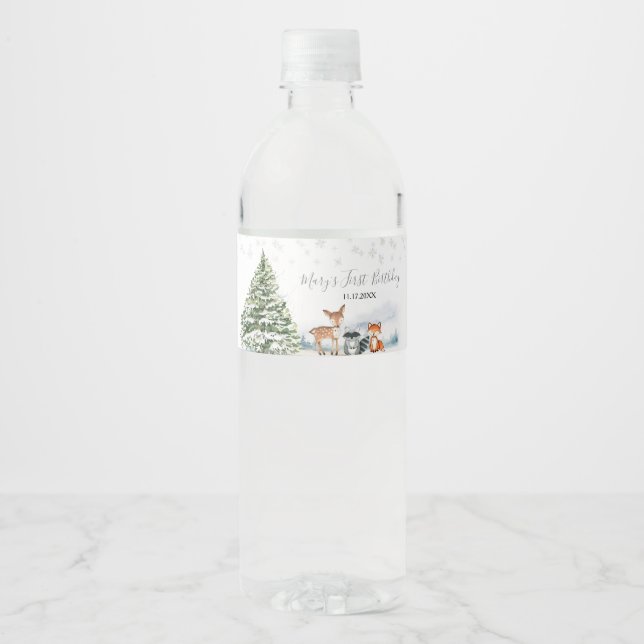 Evergreen Animal Winter Onederland Birthday Water Bottle Label (Front)