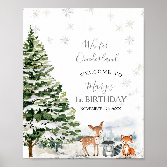 Evergreen Animal Winter Onederland Party Welcome Poster (Front)