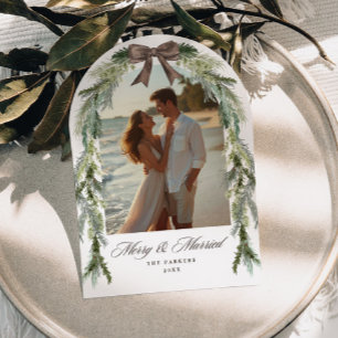 Evergreen Arch Brown Bow Married Merry Photo Holiday Card