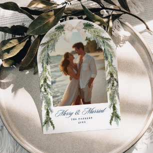 Evergreen Arch White Bow Married Merry Photo Holiday Card