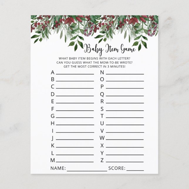 Evergreen Baby Item Game. Baby Shower Game (Front)