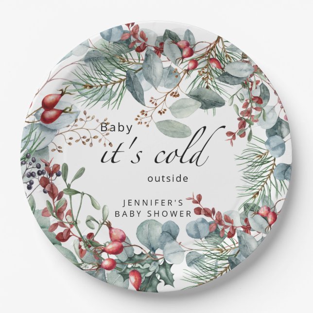 Evergreen Baby its cold outside baby shower  Paper Plate (Front)