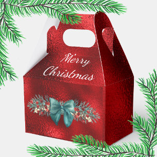 Evergreen, Berries, Green Bow Red Faux Foil  Favour Box