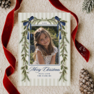 Evergreen Blue Bow Garland Merry Christmas Photo Holiday Card