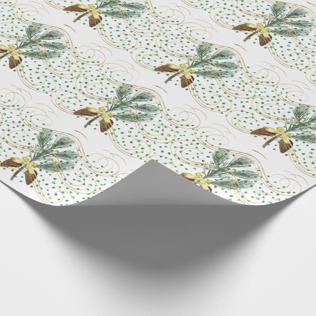 Evergreen Branch and Golden Bow Wrapping Paper (Corner)