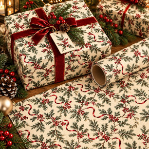 Evergreen Branches and Red Ribbon Botanical Holida Wrapping Paper