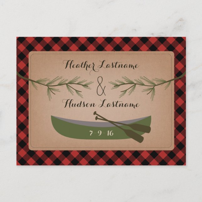 Evergreen Branches + Canoe Plaid Save The Date Announcement Postcard (Front)