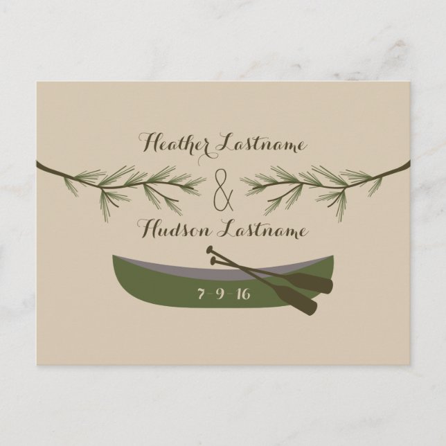 Evergreen Branches + Canoe Rustic Save The Date Announcement Postcard (Front)