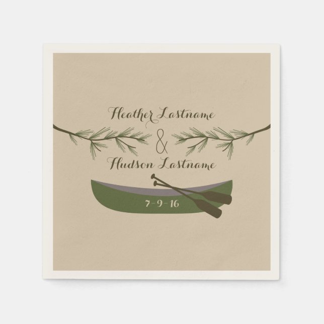 Evergreen Branches + Canoe Wedding Napkins (Front)