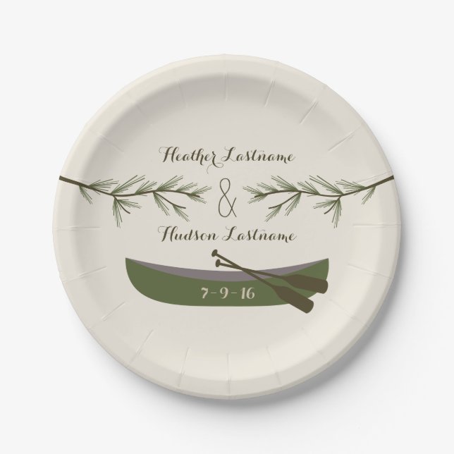 Evergreen Branches + Canoe Wedding Paper Plate (Front)