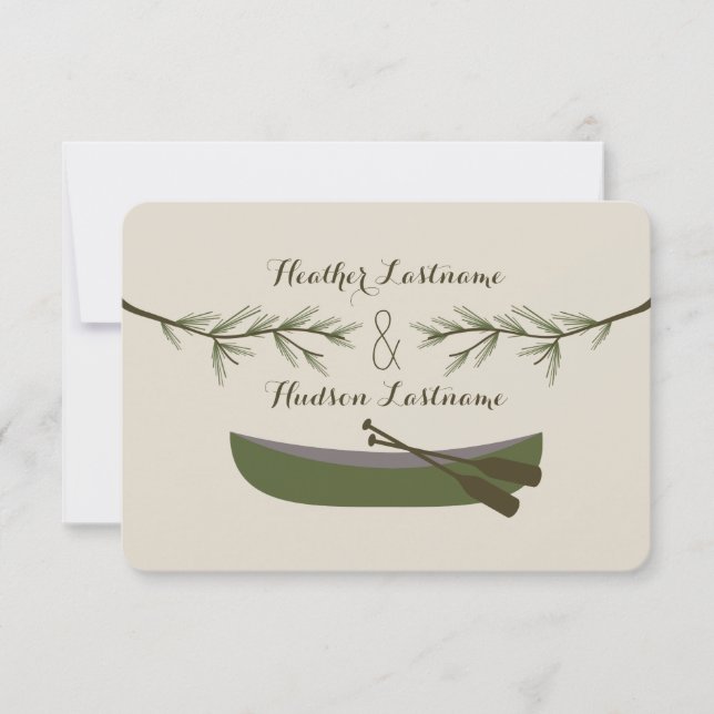 Evergreen Branches + Canoe Wedding R.S.V.P. RSVP Card (Front)