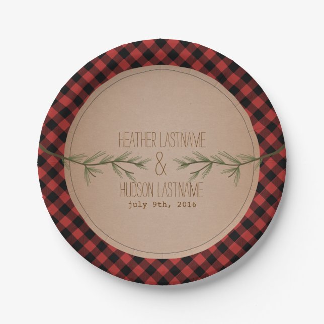 Evergreen Branches Plaid Wedding Paper Plate (Front)
