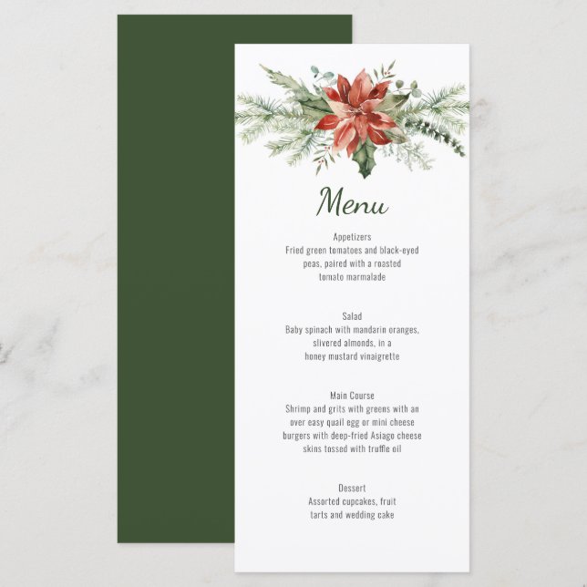Evergreen Branches Red Poinsettia Wedding Menu (Front/Back)