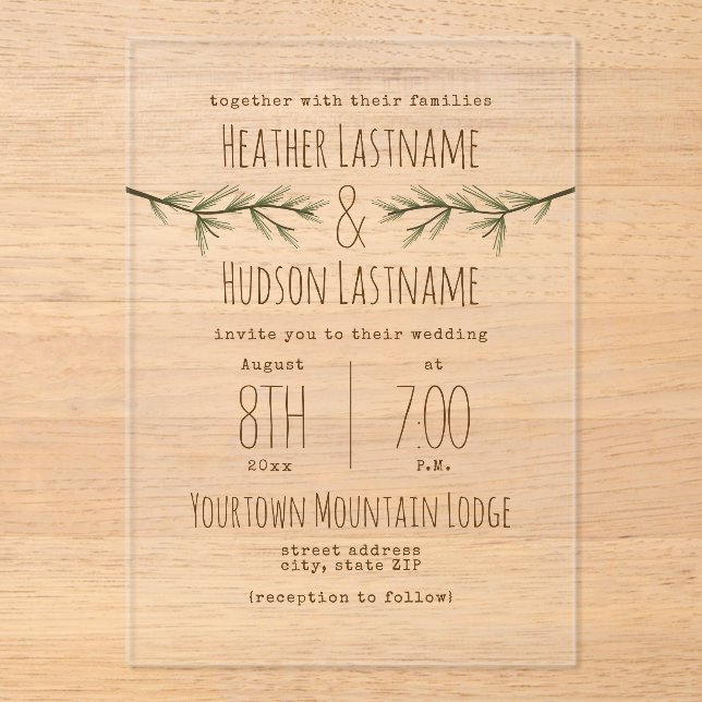 Evergreen Branches Rustic Woodland Wedding Acrylic Invitations (Front)
