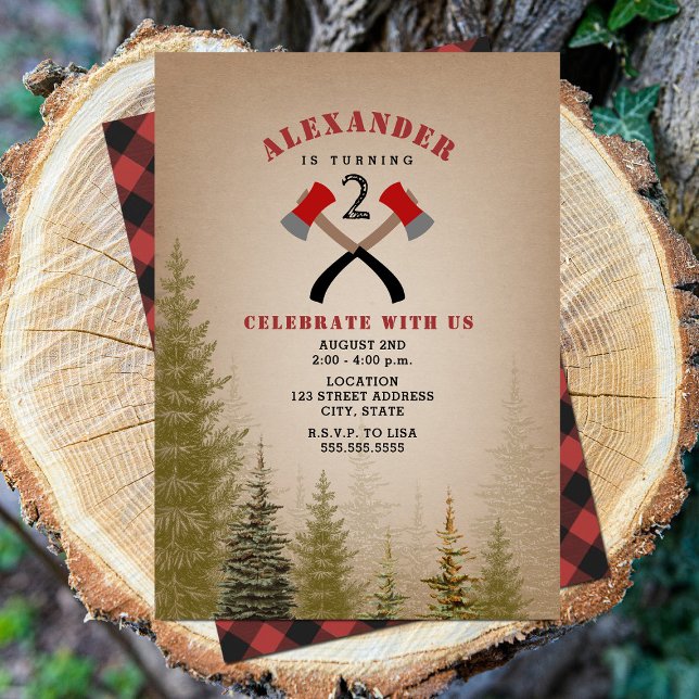 Evergreen Buffalo Plaid Axe Lumberjack Birthday Invitation (Creator Uploaded)