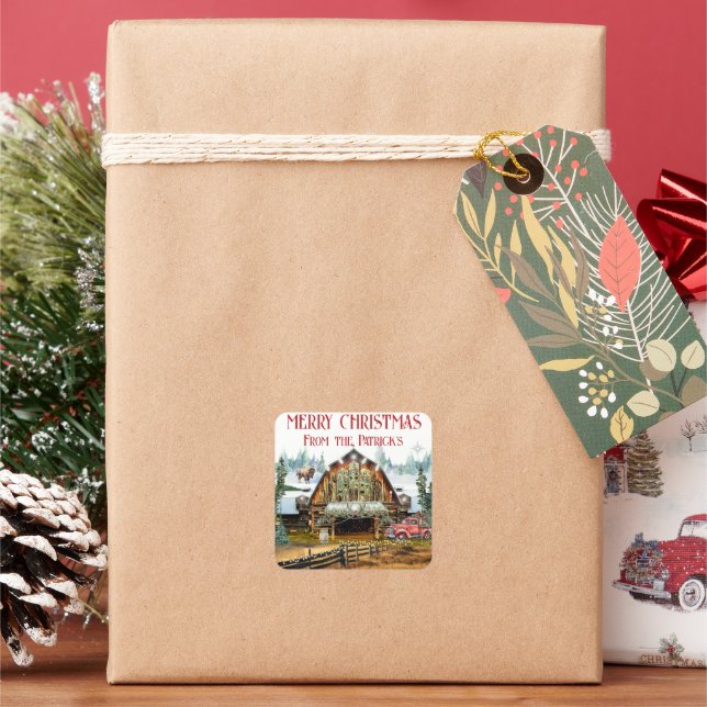 Evergreen Christmas Barn Holiday Square Sticker (Holiday)