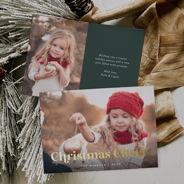 Evergreen | Christmas Cheer Two Photo Gold Foil Holiday Card (Creator Uploaded)
