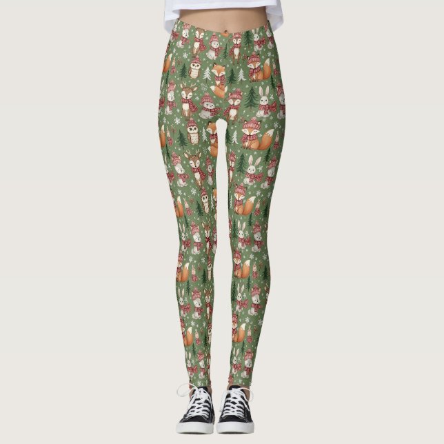Evergreen Christmas Fox Deer Bunny Owl Pattern Leggings (Front)