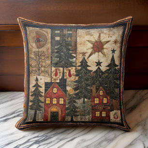 Evergreen Christmas Quilt Red Houses Trees Stars Cushion
