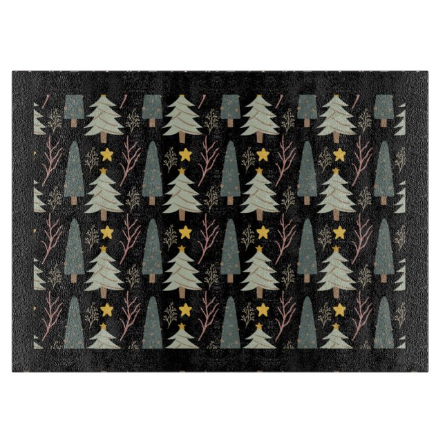 Evergreen Christmas Tree Pattern Cosy Winter Black Cutting Board (Front)
