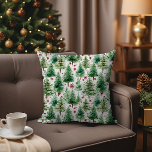 Evergreen Christmas Tree Watercolor Winter Forest Cushion