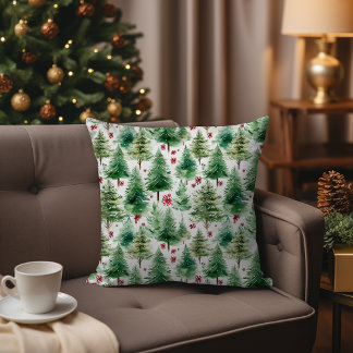 Evergreen Christmas Tree Watercolor Winter Forest Cushion