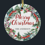 Evergreen Christmas wreath photo ornament<br><div class="desc">Evergreen Christmas wreath photo ornament. Update with your photo,  names and date,  it's a template!</div>