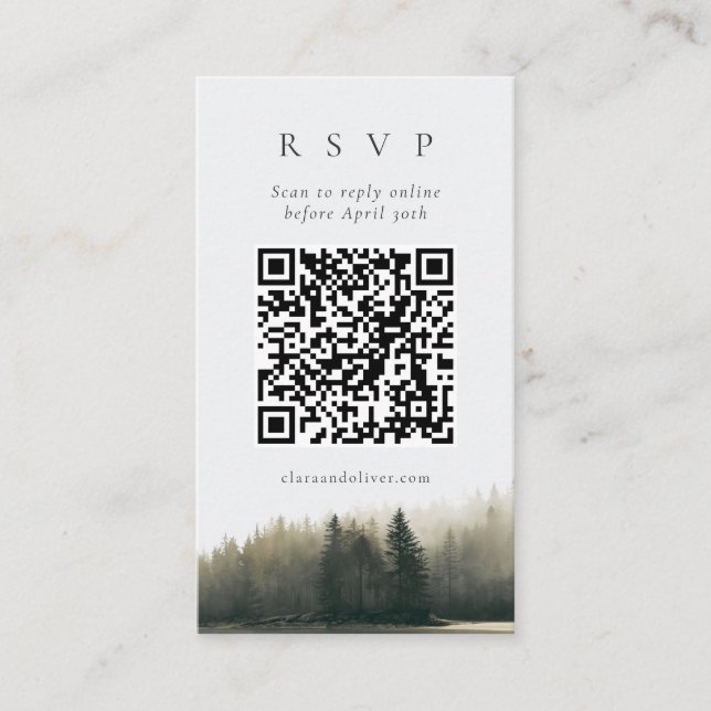 Evergreen Coastal Pine Wedding QR Code RSVP Card  (Front)
