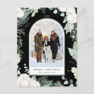 Evergreen & Cotton Flower Arch Photo Holiday Black Postcard