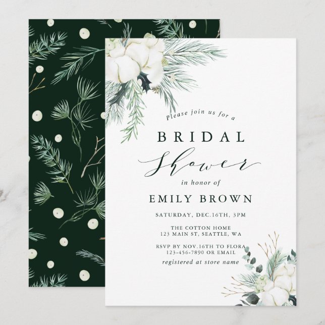 Evergreen & Cotton Flower Bouquet Bridal Shower  Invitation (Front/Back)