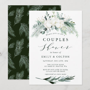 Evergreen & Cotton Flower Bouquet Couples Shower Invitation
