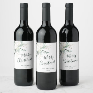 Evergreen & Cotton Flower Bouquet Merry Christmas Wine Label