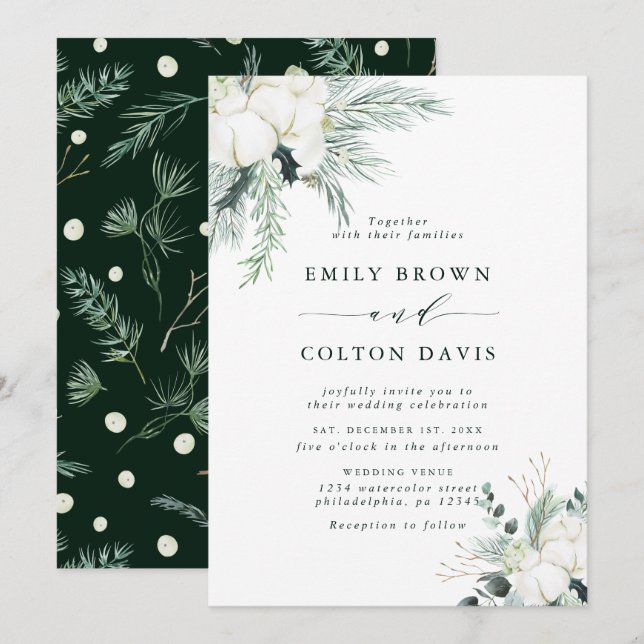 Evergreen & Cotton Flower Bouquet Wedding  Invitation (Front/Back)