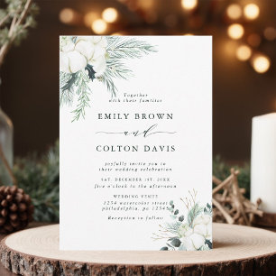 Evergreen & Cotton Flower Bouquet Wedding  Invitation