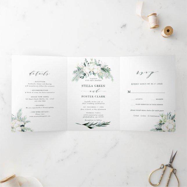 Evergreen & Cotton Flower Bouquet Wedding  Tri-Fold Invitation (Inside)