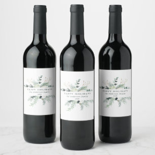 Evergreen & Cotton Flower Happy Holidays Elegant Wine Label