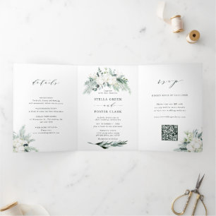 Evergreen & Cotton Flower QR Code RSVP Wedding Tri-Fold Invitation