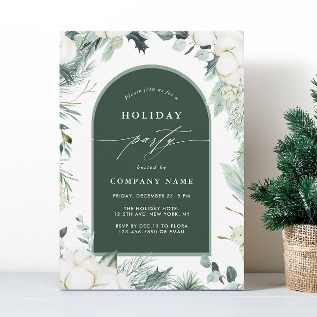 Evergreen & Cotton Flower Watercolor Holiday Party Invitation (Creator Uploaded)