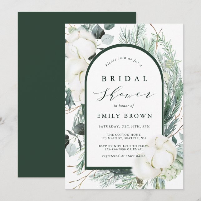 Evergreen & Cotton Flowers Arch Bridal Shower Invitation (Front/Back)